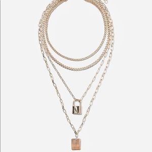 LAYERED CHAIN LOCKET DROP NECKLACE, Shiny Gold